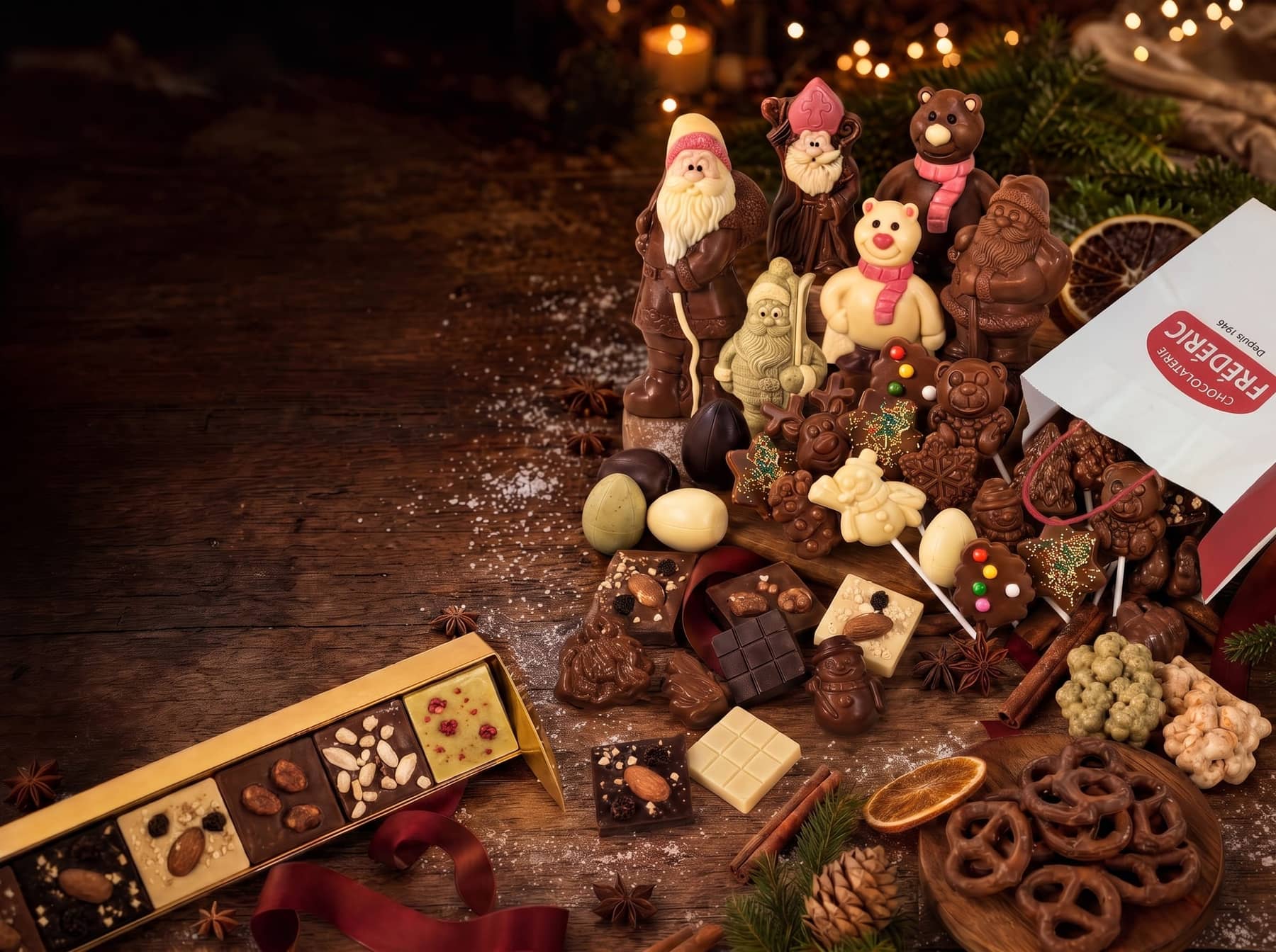 Assortiment de chocolats de Noël de la Chocolaterie Frédéric : moulages décorés main, pommes de pin, croquants, bretzels au chocolat, sur un établi en bois.