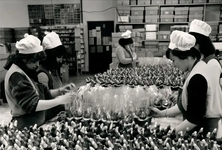 Photo d'archive : les ouvrières de la Chocolaterie Frédéric emballant les moulages en chocolat dans l'atelier